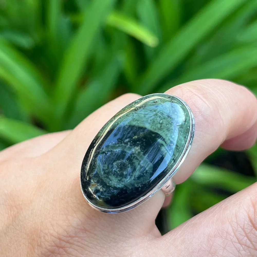 Size 6.75‎ 925 silver plated Kambaba jasper evil eye ring 0034